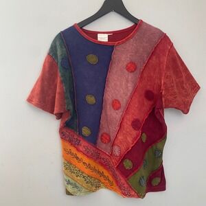 90's Patchwork T Shirt Women's Size Large Boho Hippie Artsy Vintage Funky
